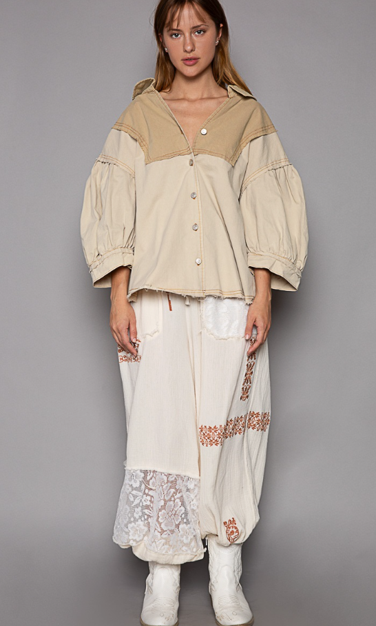 POL V-Neck Balloon Sleeve Color Block Button Down Woven Top Sale
