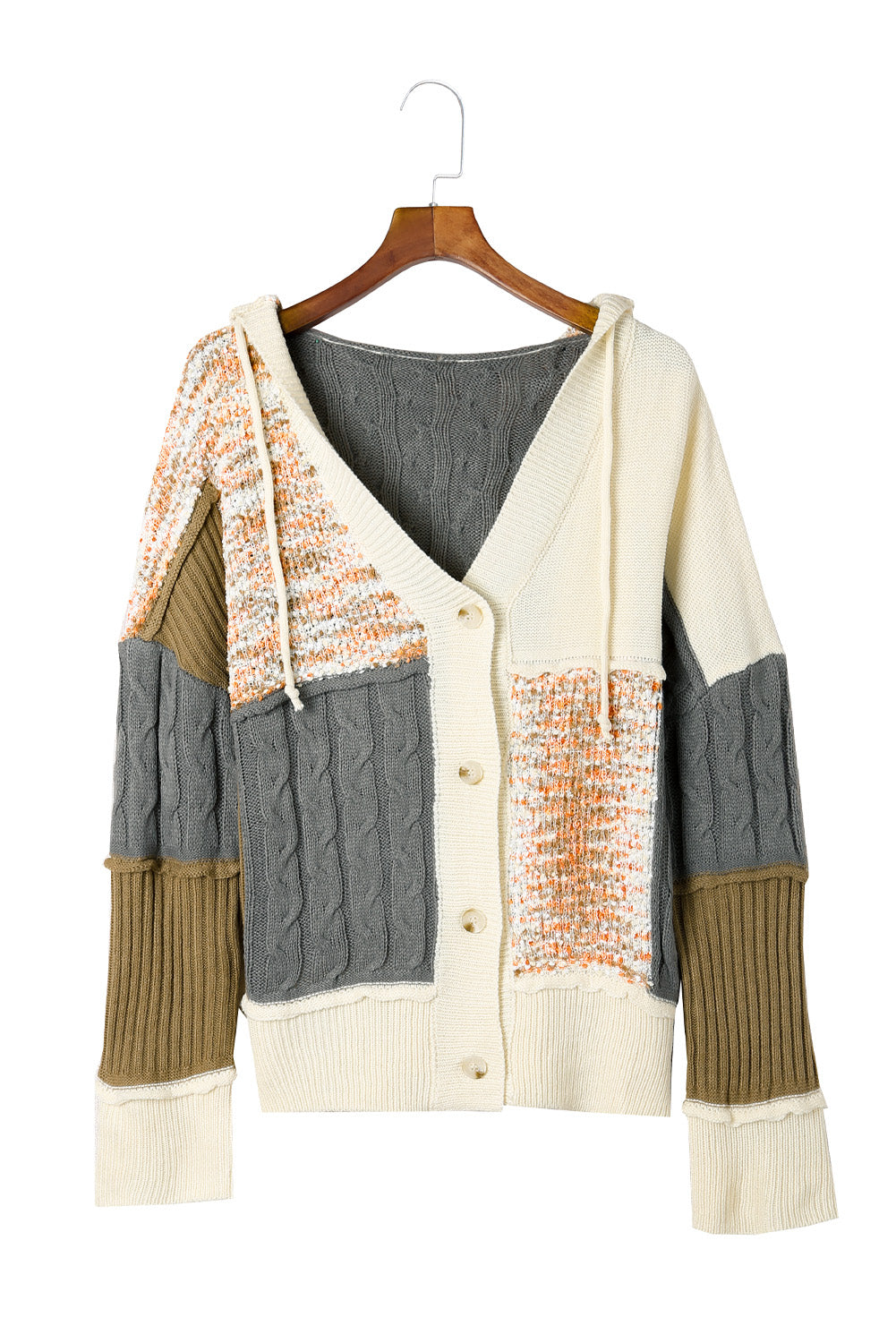 Beige Colorblock Patchwork Buttons Hooded Cardigan