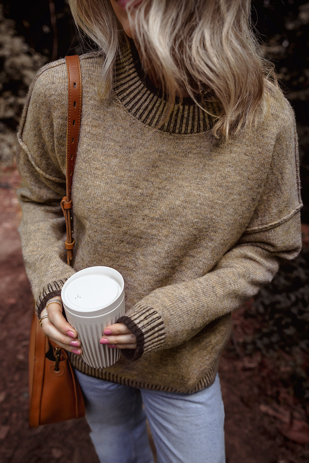 Pale Khaki Contrast Trim Mock Neck Drop Shoulder Sweater