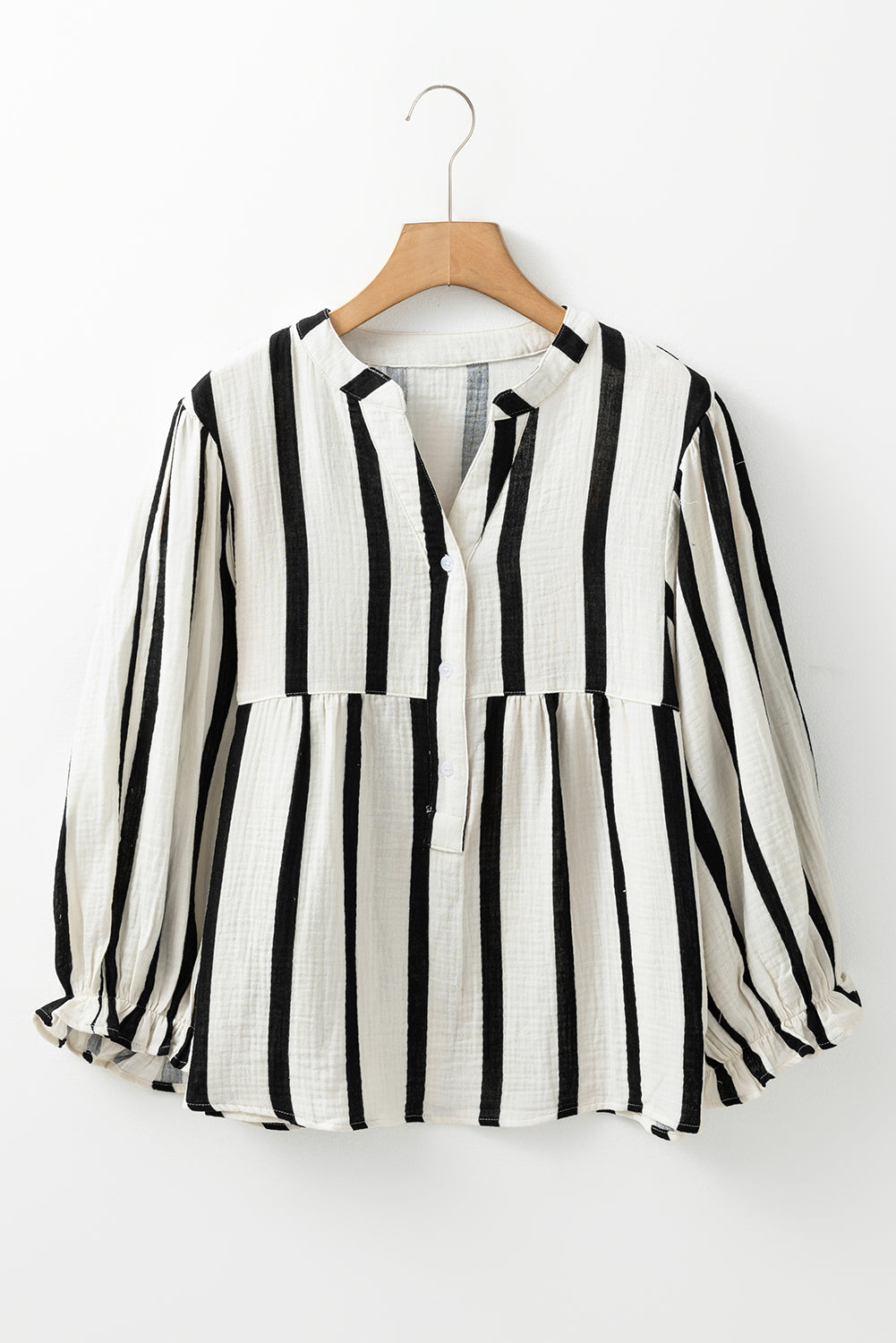 Black Stripe Crinckled Ruffled Sleeve Button up Loose Shirt