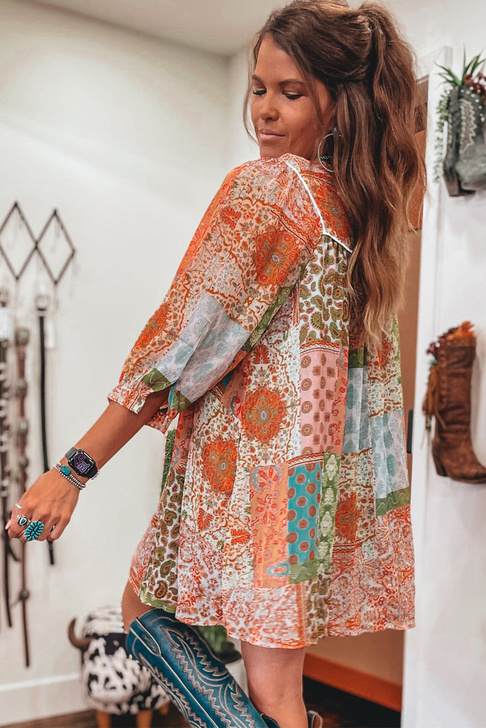 Orange Boho Paisley Mixed Print 3/4 Sleeve Chiffon Loose Dress