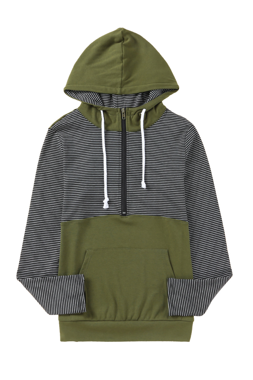 Green Half Zip Stripes Patchwork Hoodie