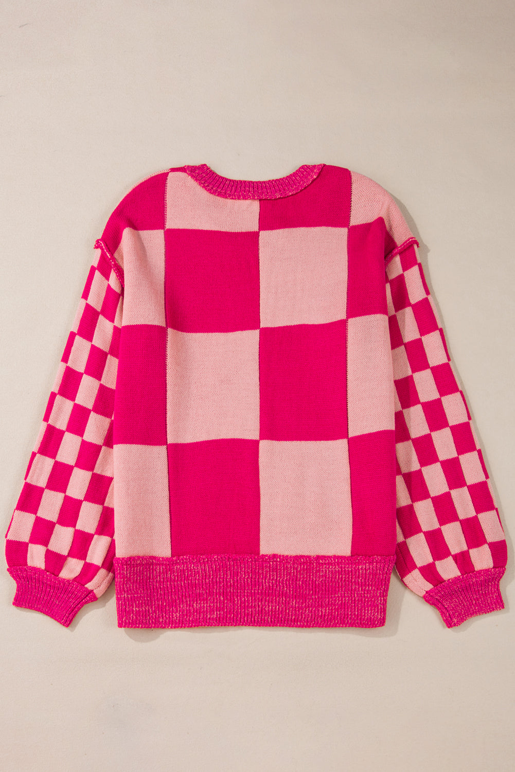 Rose Red Mixed Checkered Pattern Drop Shoulder Loose Sweater