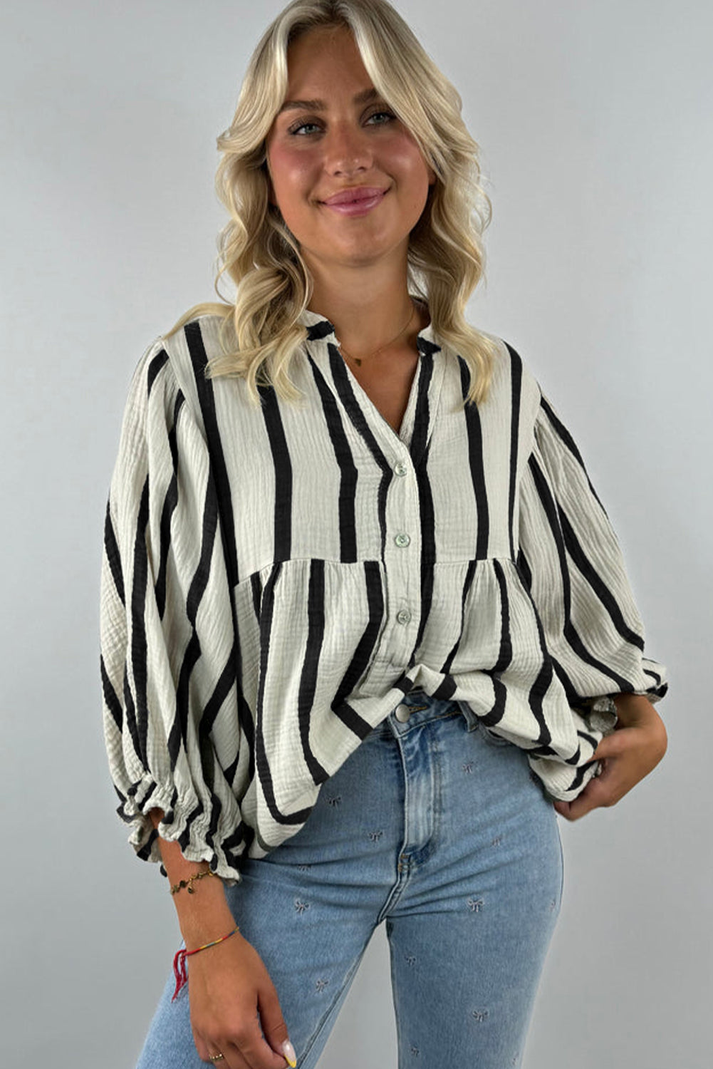 Black Stripe Crinckled Ruffled Sleeve Button up Loose Shirt