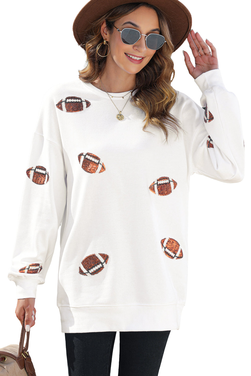 White Sequin Rugby Football Graphic Pullover Sweatshirt