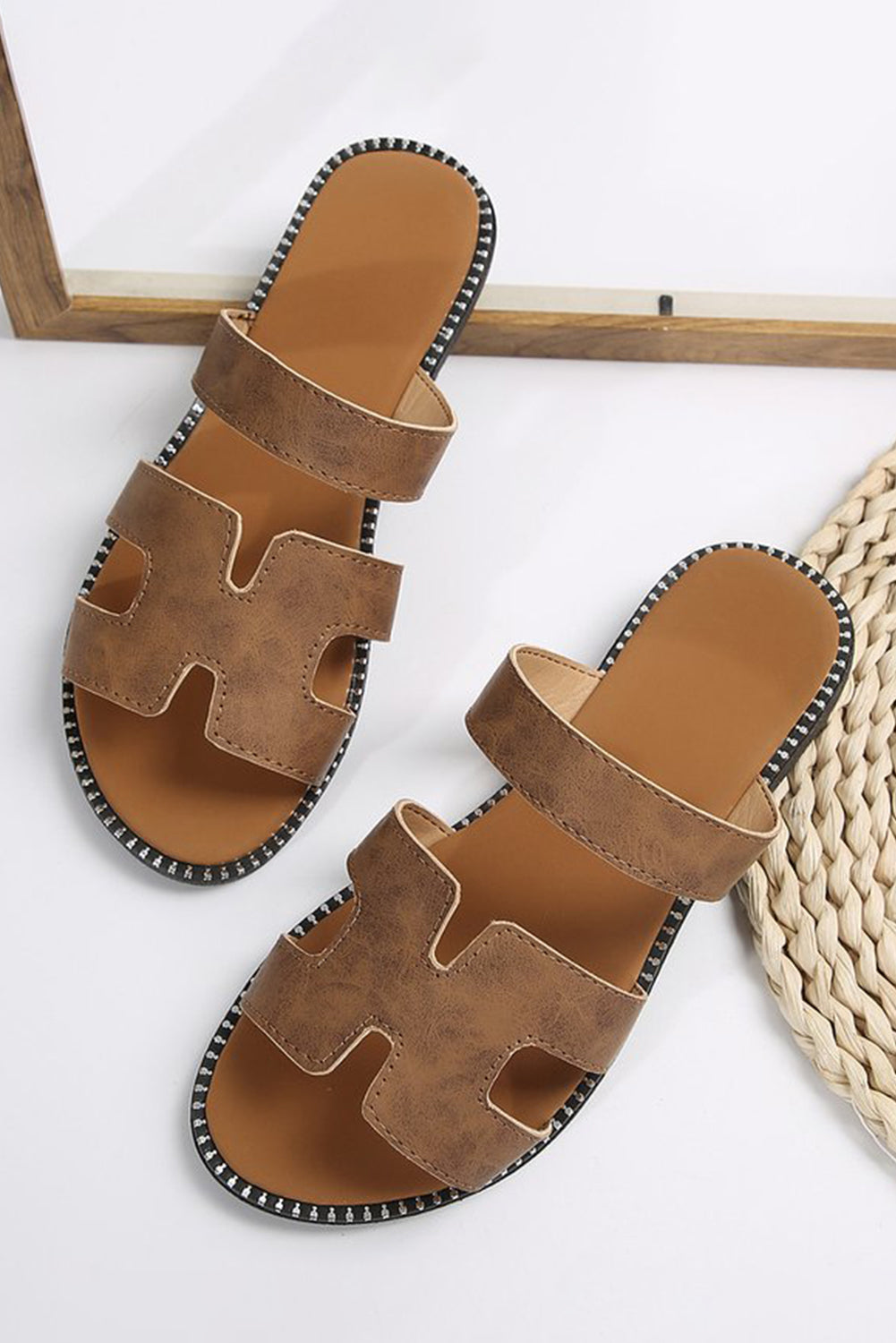 Brown Cut Out H Shape Band PU Leather Slippers