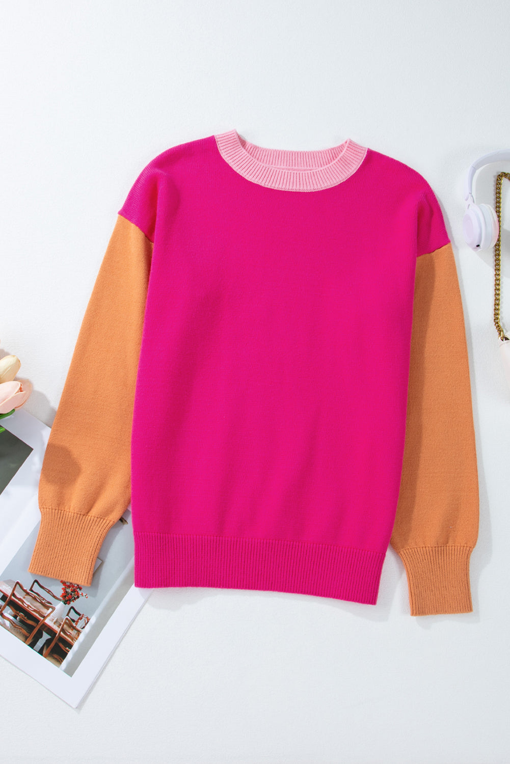 Bonbon Three Tone Contrast Round Neck Loose Sweater