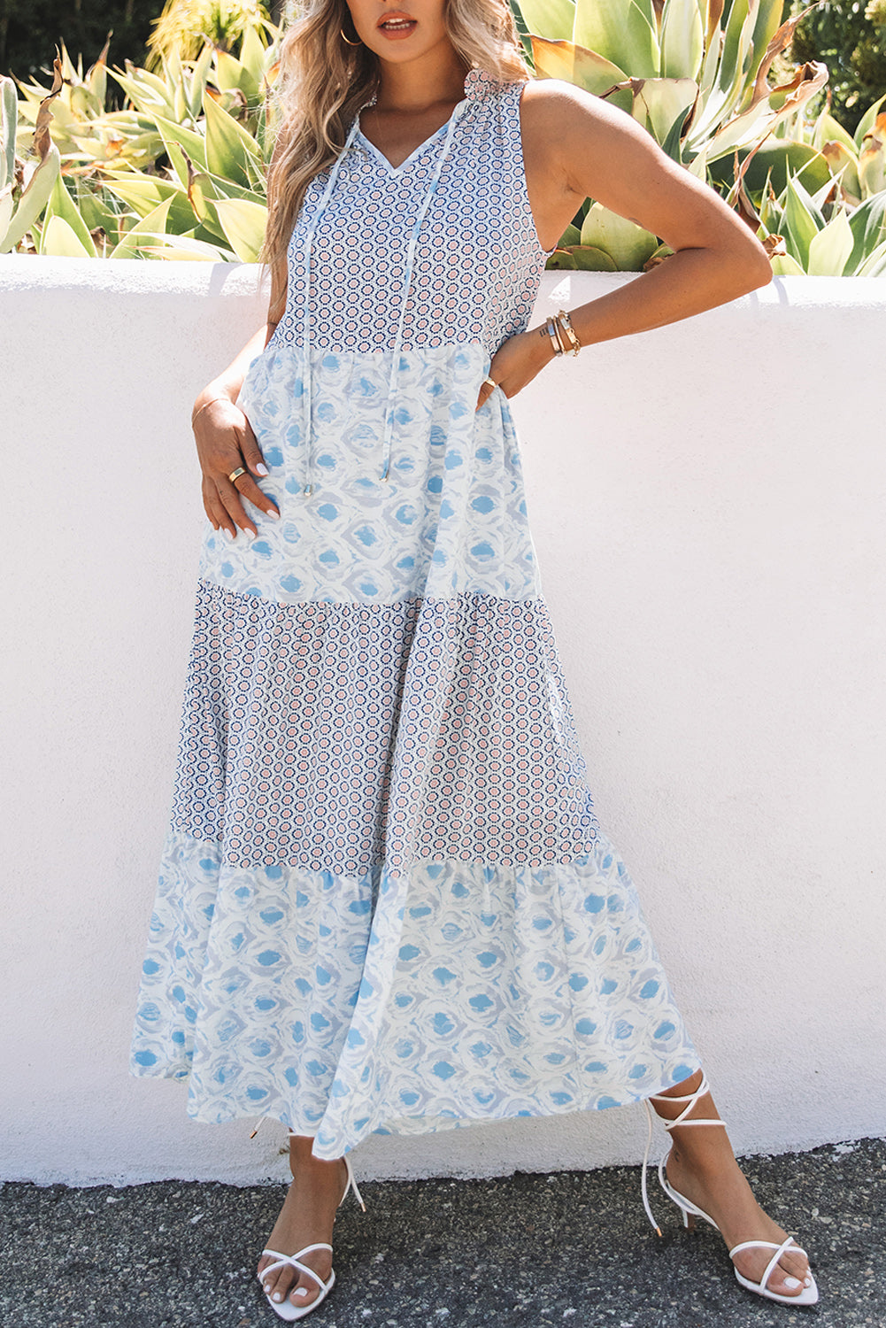 Sky Blue Abstract Print Split Neck Sleeveless Maxi Dress