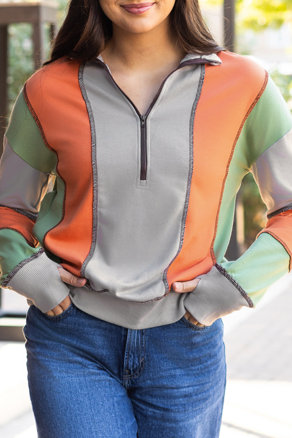 Light Grey Color Block Stitching Detail Half Zipper Sweatshirt