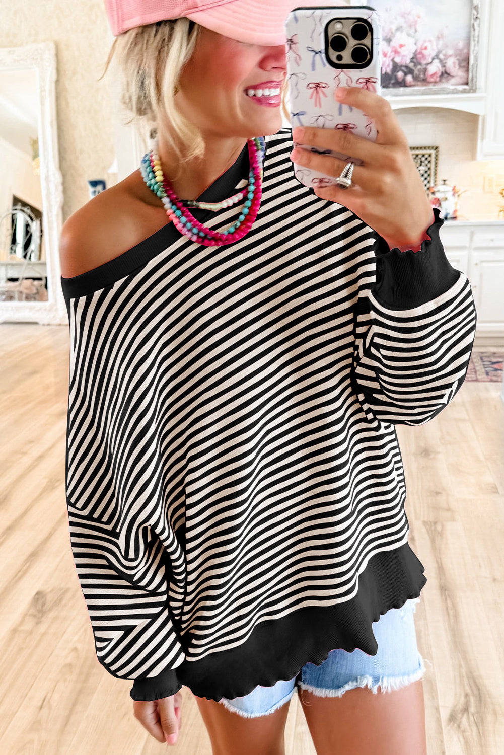 Black Stripe Loose Drop Shoulder Long Sleeve Top