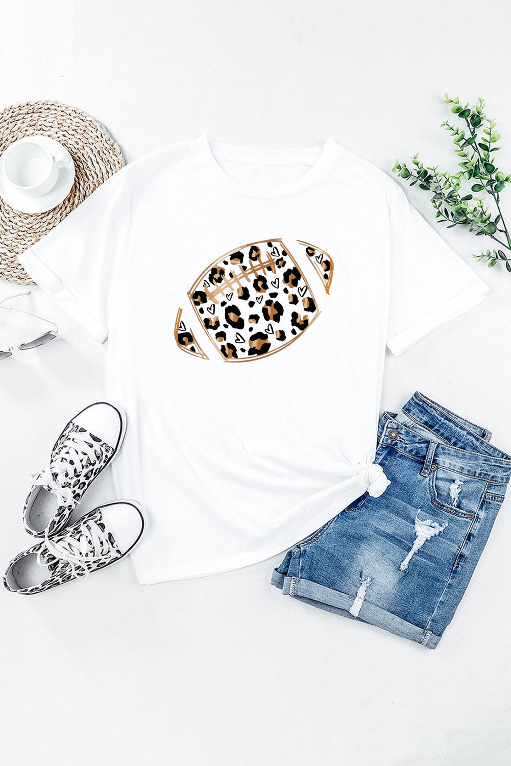 White Leopard Hearts Rugby Football Print Short Sleeve T Shirt