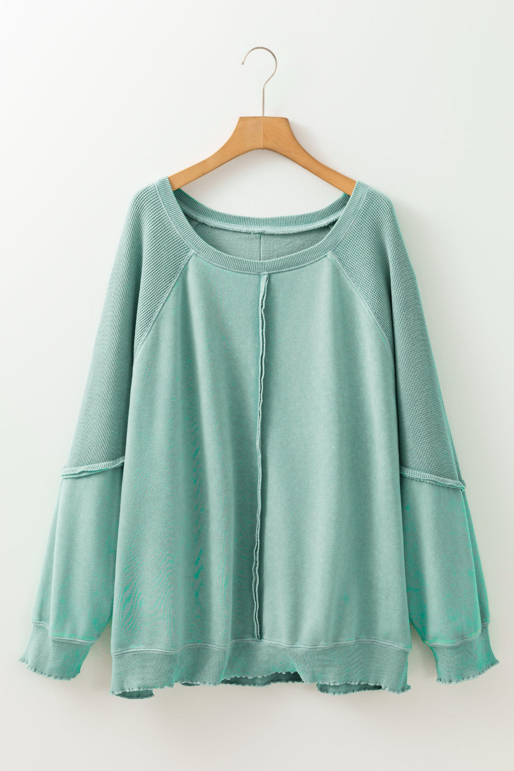 Mineral Blue Textured Patchwork Frilled Trim Plus Size Pullover Sweatshirt