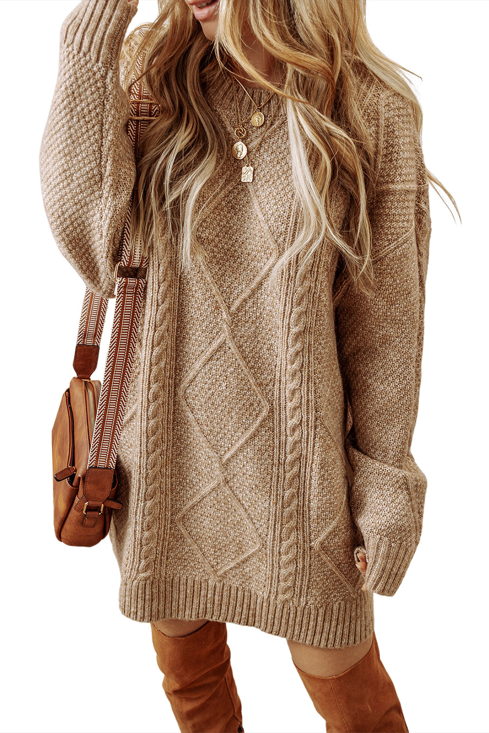 Parchment Cable Knit Drop Shoulder Loose Fit Sweater Dress