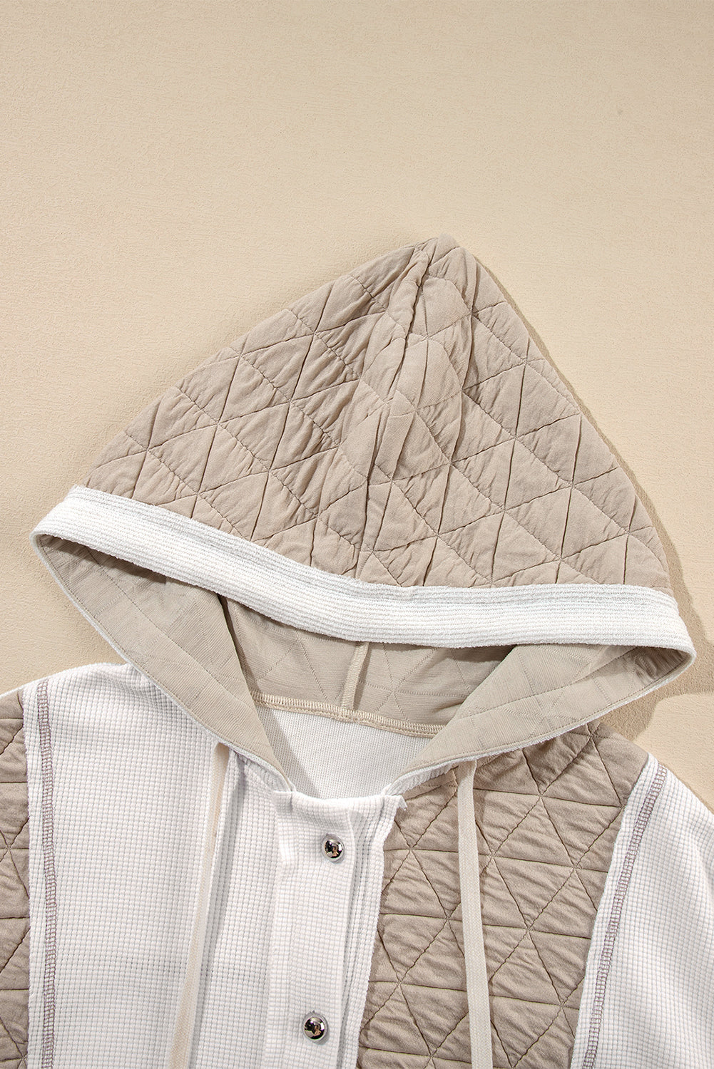 Beige Quilted Textured Patchwork Loose Fit Hooded Jacket