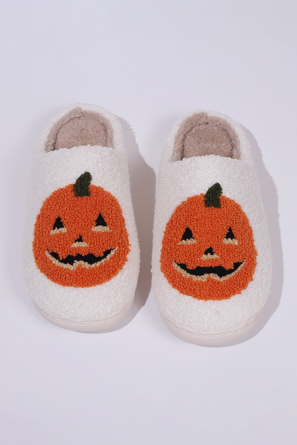 White Halloween Pumpkin Print Plush Slippers (Runs Small, Size Up)