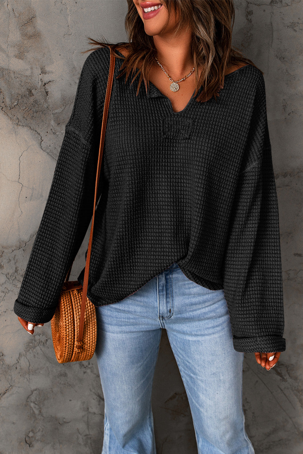 Black Waffle Knit Loose Long Sleeve Top