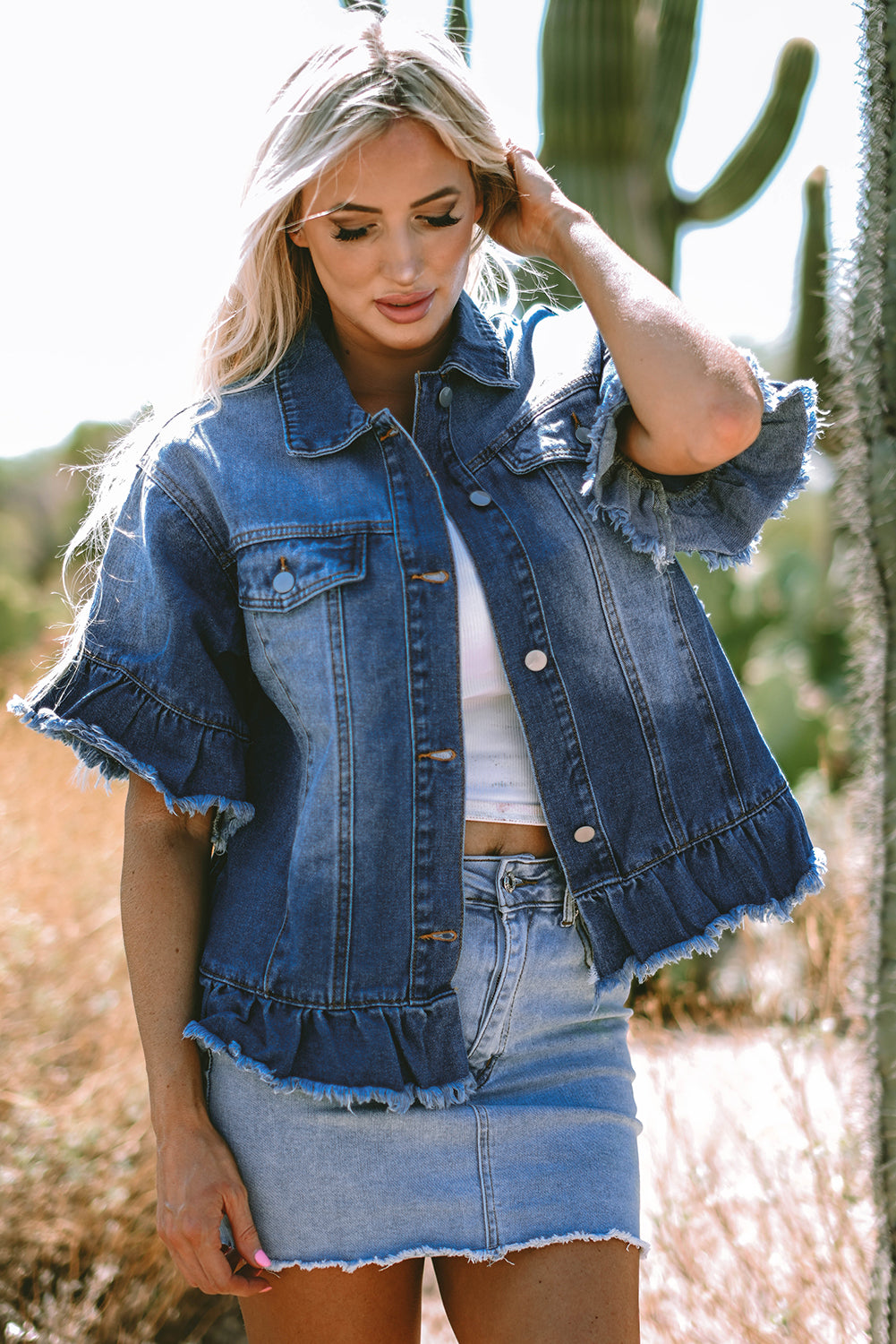 Peacock Blue Raw Edge Ruffled Short Sleeve Denim Jacket