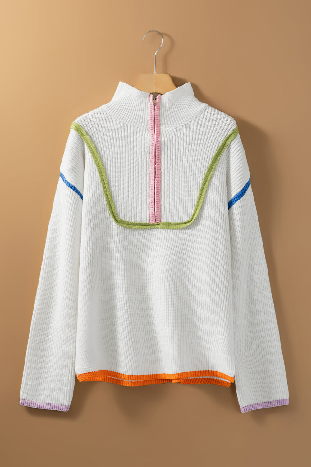 White Colorful Edge Quarter Zip Drop Shoulder Sweater