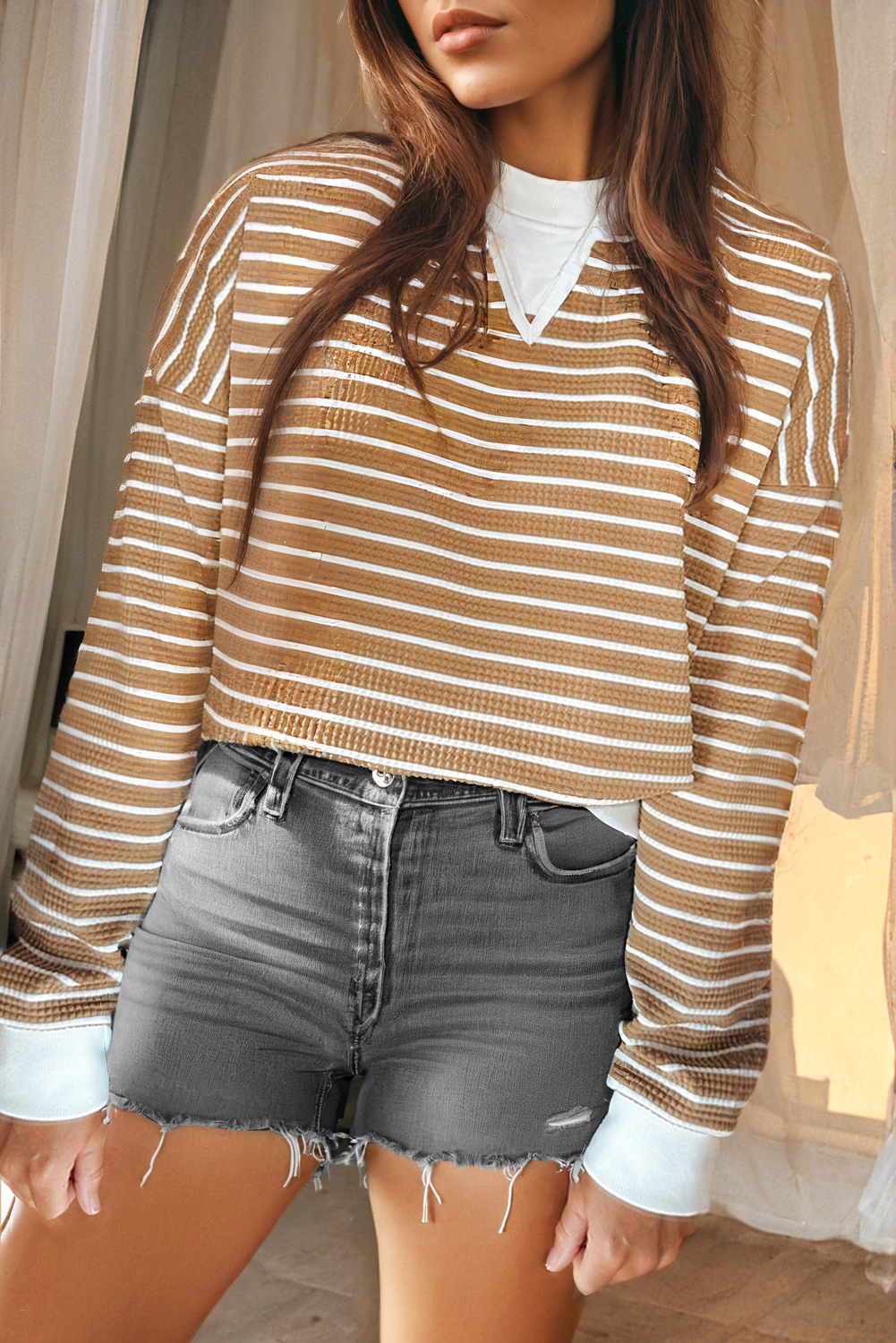 Khaki Stripe Patched Edge Textured Round Neck Long Sleeve Top