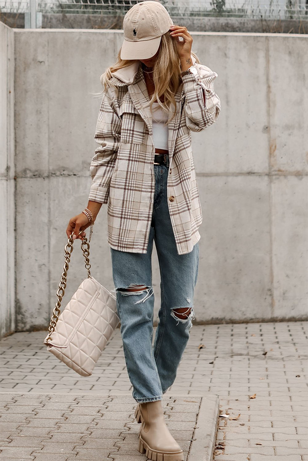 Khaki Plaid Removable Hood Buttoned Shacket