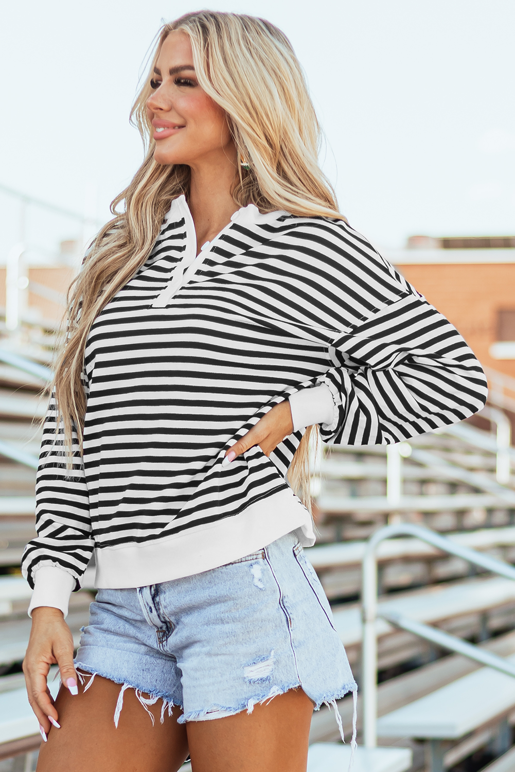 White Stripe Color Block Buttoned Crew Neck Oversized Sweatshirt