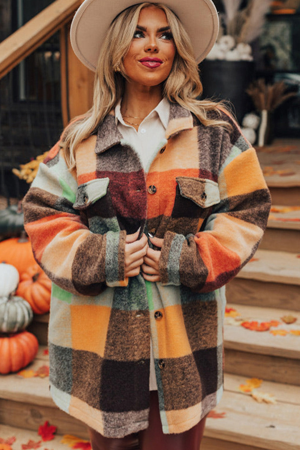 Orange Plaid Print Flap Pocket Long Jacket