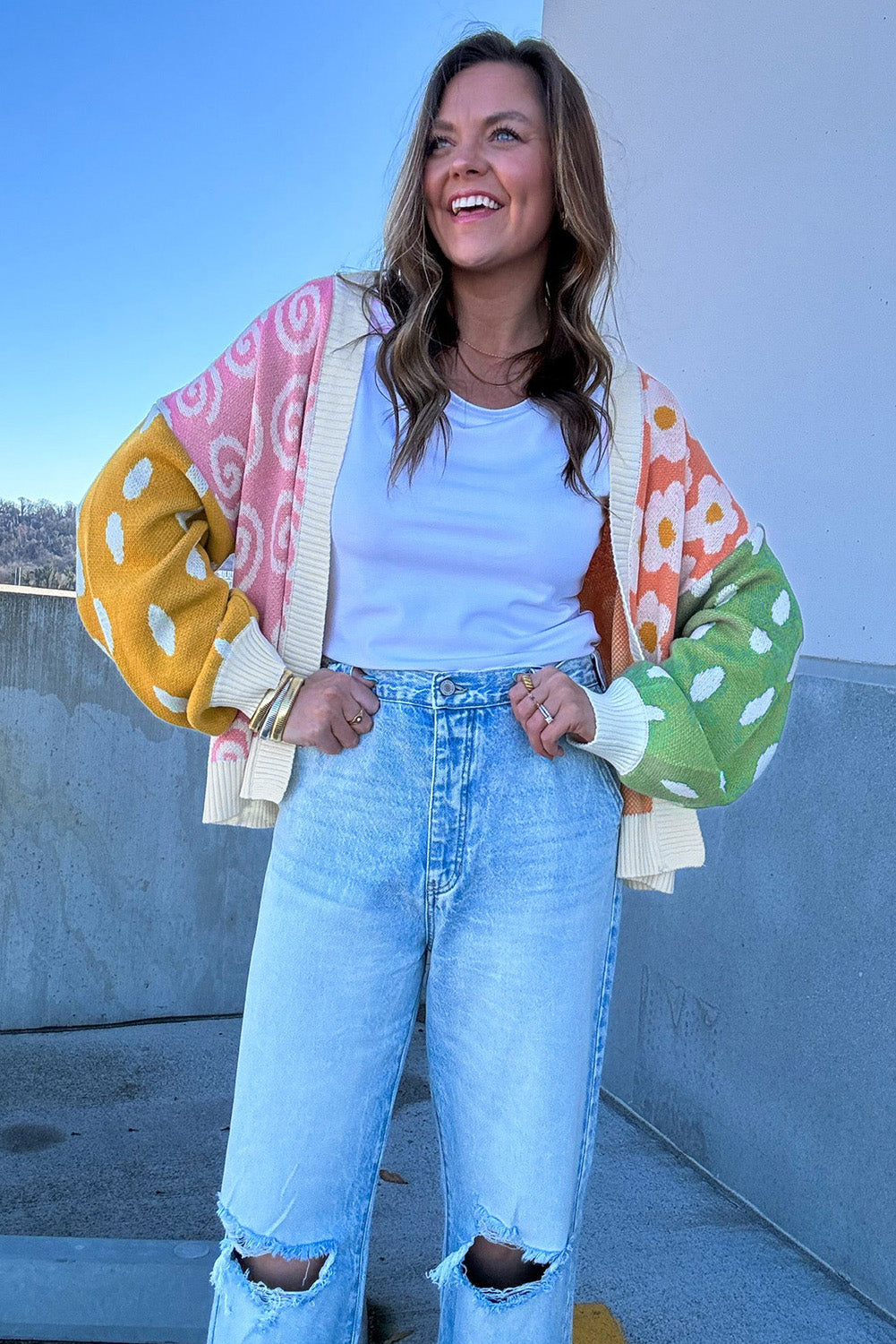 Orange Flower & Dotted Mixed Print Colorblock Open Front Cardigan