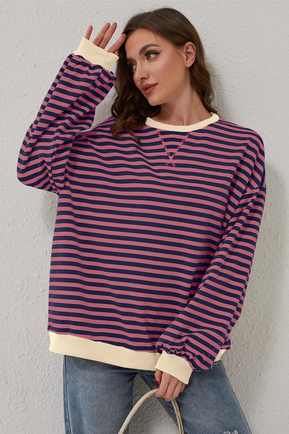 Red Stripe Oversized Contrast Trim Pullover Sweatshirt