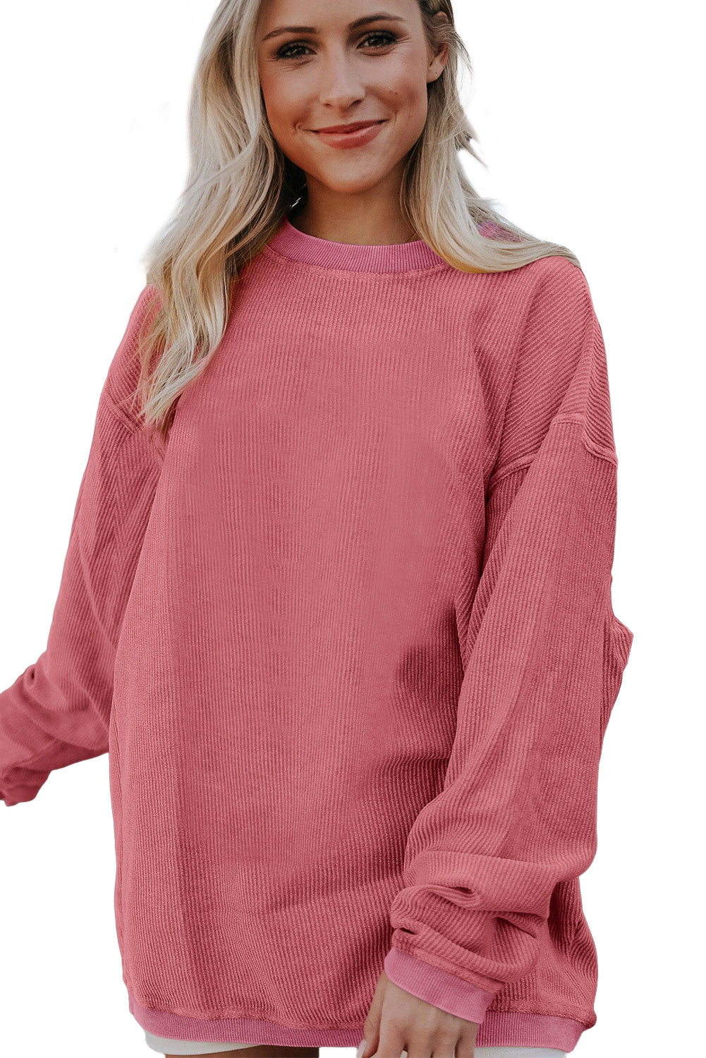 Strawberry Pink Ribbed Corduroy Oversized Sweatshirt