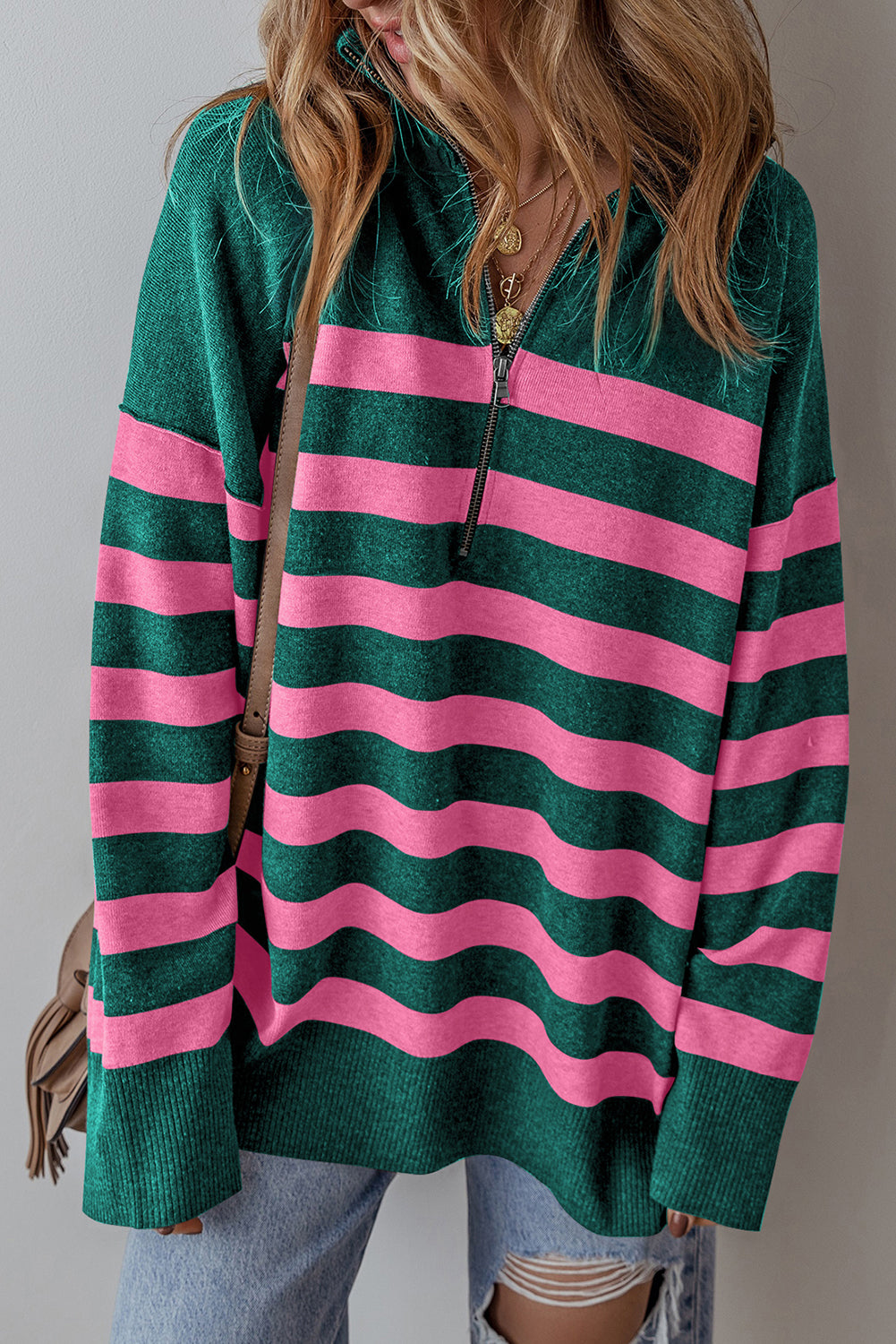 Green Collared Quarter Zipper Oversized Sweater