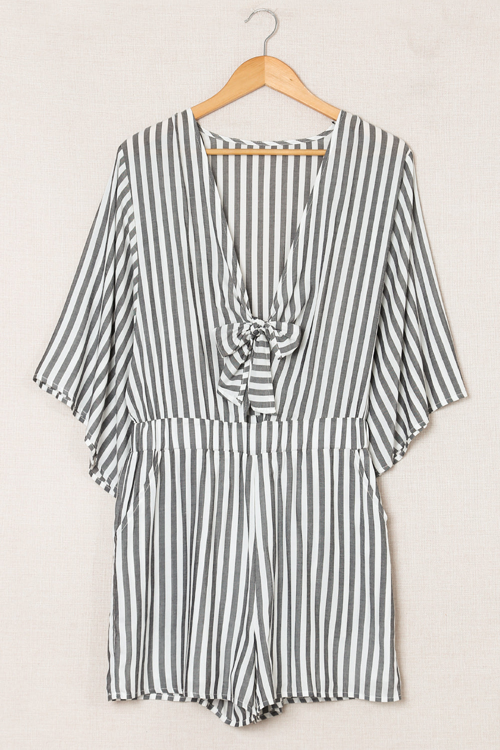 Gray 3/4 Wide Kimono Sleeves Tie Front Striped Romper with Pockets