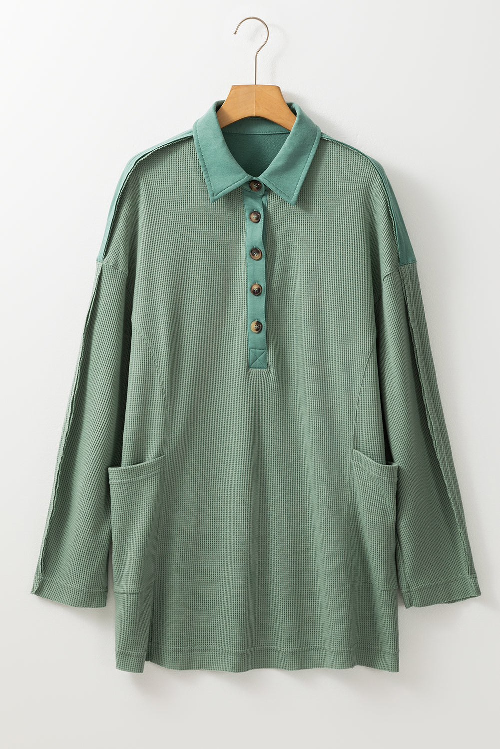 Smoke Green Waffle Long Sleeve Collar Half Button Loose Top