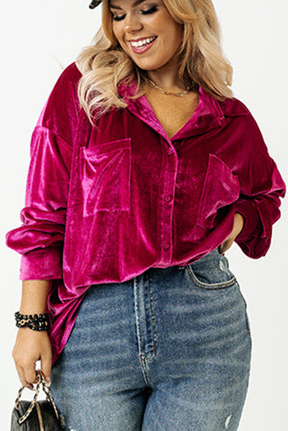 Bright Pink Plus Size Velvet Chest Pocket Drop Shoulder Shirt