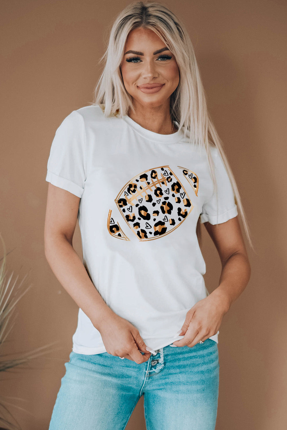 White Leopard Hearts Rugby Football Print Short Sleeve T Shirt