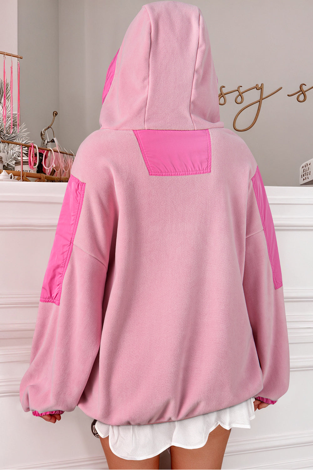 Pink Colorblock Patchwork Half Zip Oversized Sherpa Hoodie