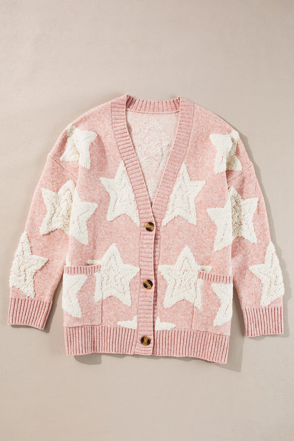 Pink Sherpa Star Pattern Textured Sweater Cardigan with Pockets