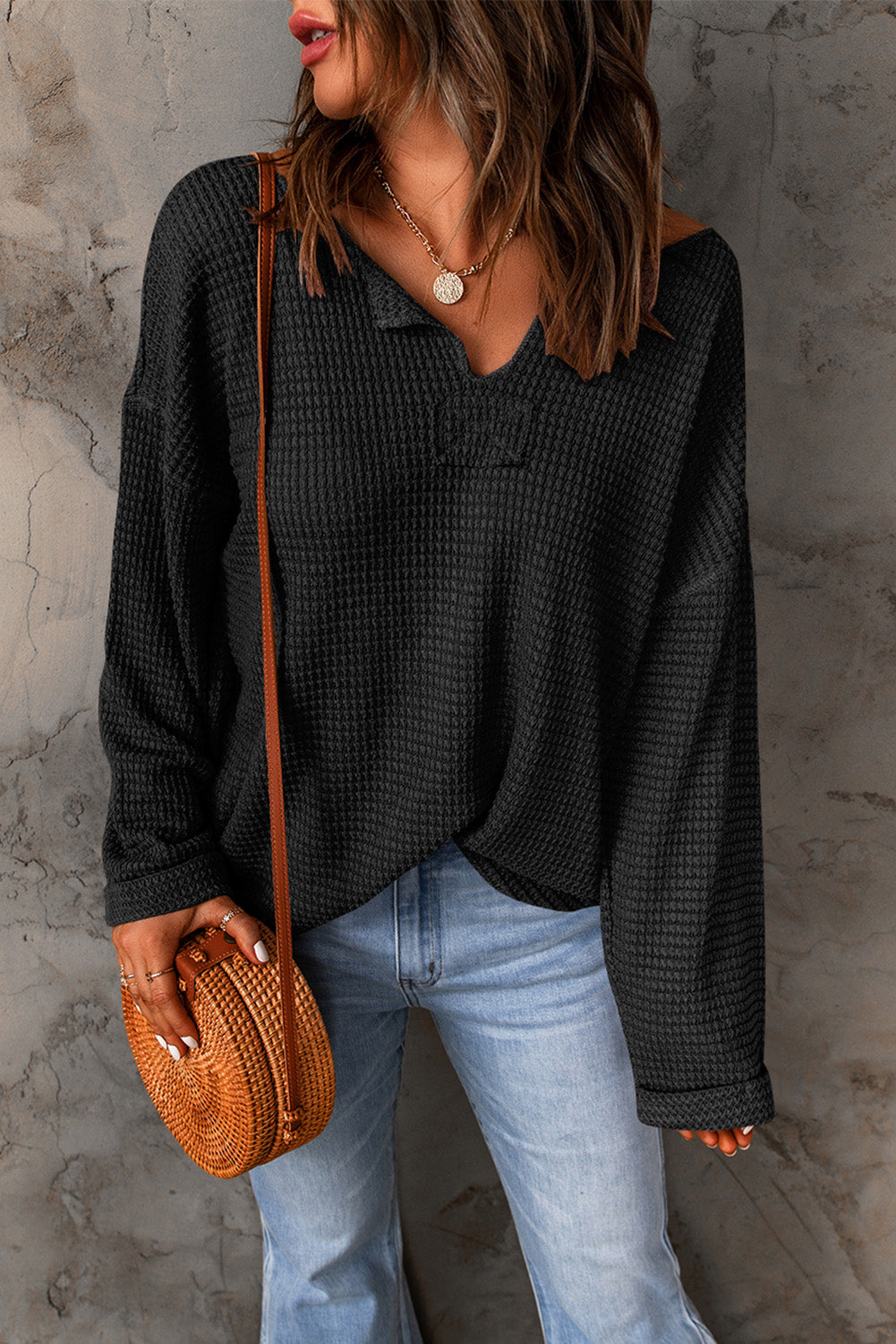 Black Waffle Knit Loose Long Sleeve Top