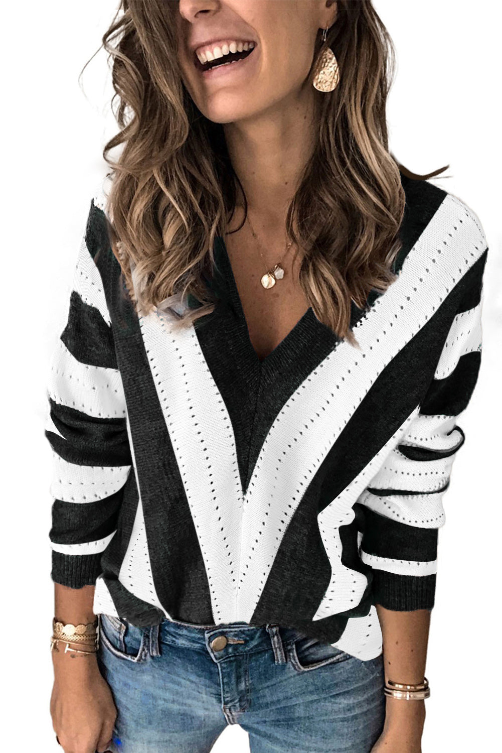 Black Striped Colorblock V Neck Knitted Sweater