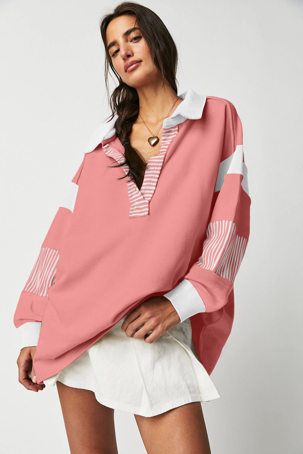 Casual Striped Colorblock Patchwork Collar Sweatshirt