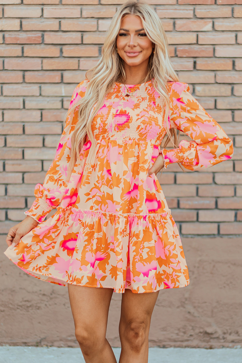 Orange Abstract Print Smocked Lantern Sleeve Ruffle Mini Dress