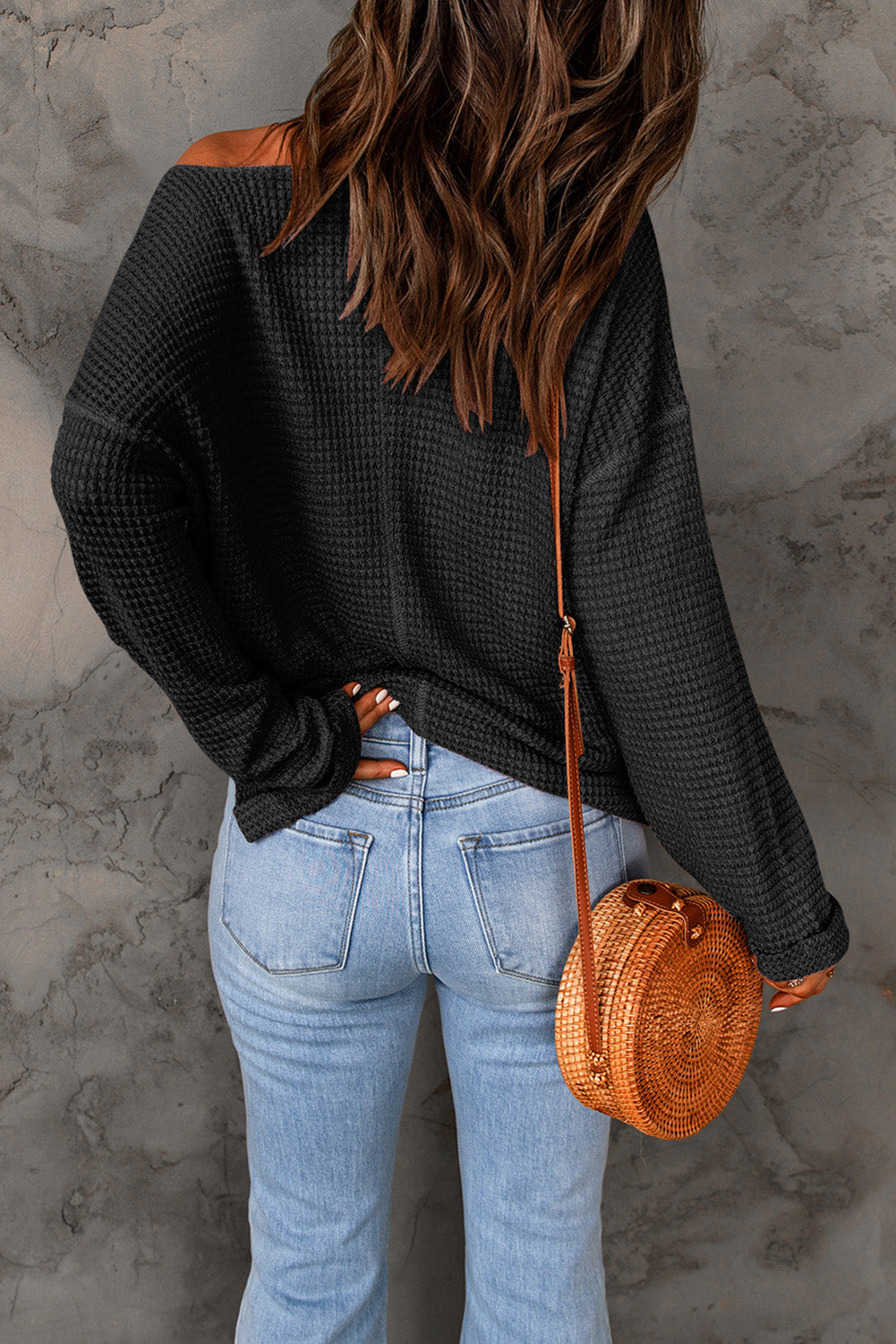 Black Waffle Knit Loose Long Sleeve Top