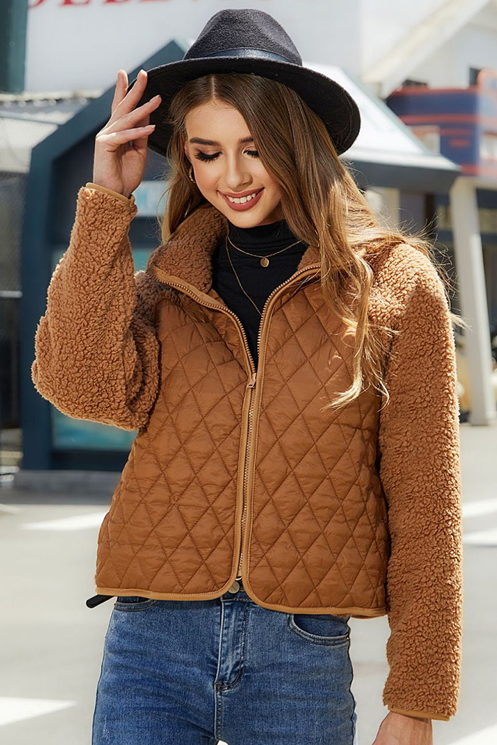 Chestnut Sherpa Plush Quilted Puffer Patchwork Zipped Coat