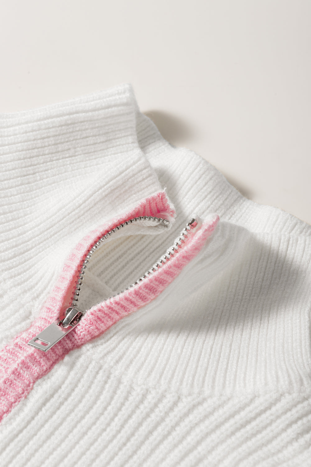 White Colorful Edge Quarter Zip Drop Shoulder Sweater