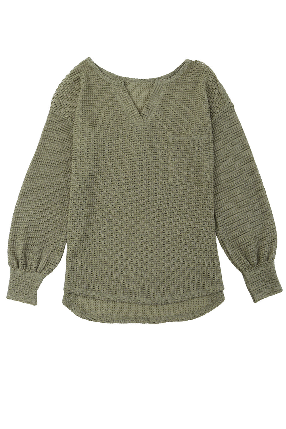 Green Waffle Knit Split Neck Pocketed Loose Top