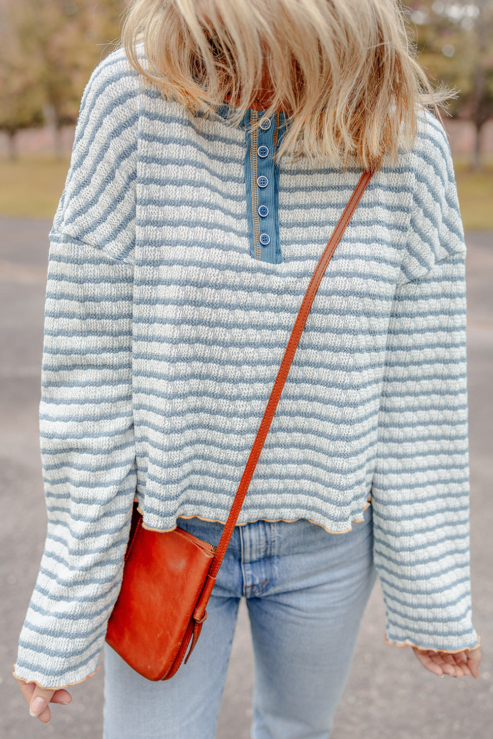 Sky Blue Stripe Textured Frilly Trim Buttons Henley Long Sleeve Top