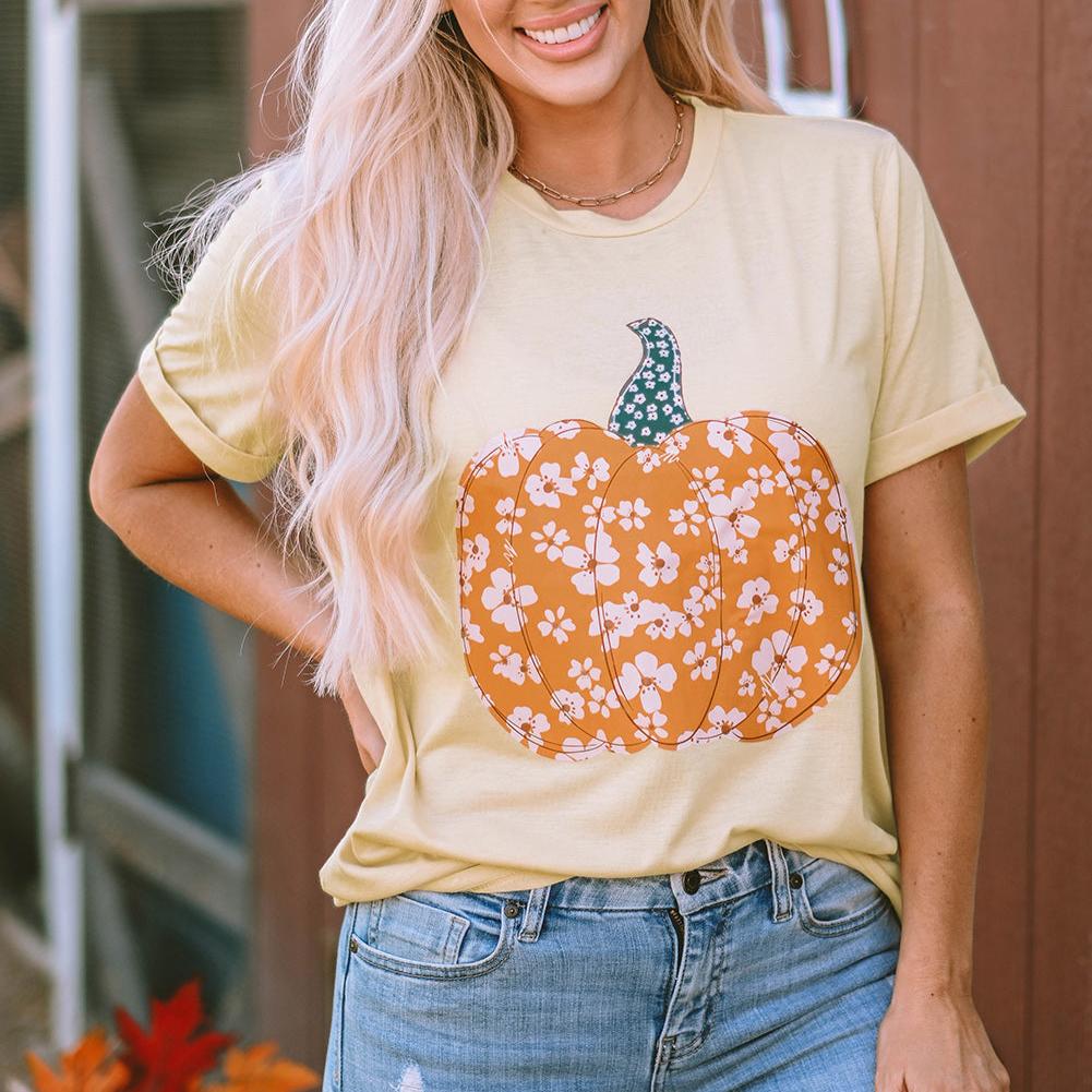 Khaki Sweet Floral Pumpkin Graphic Tee