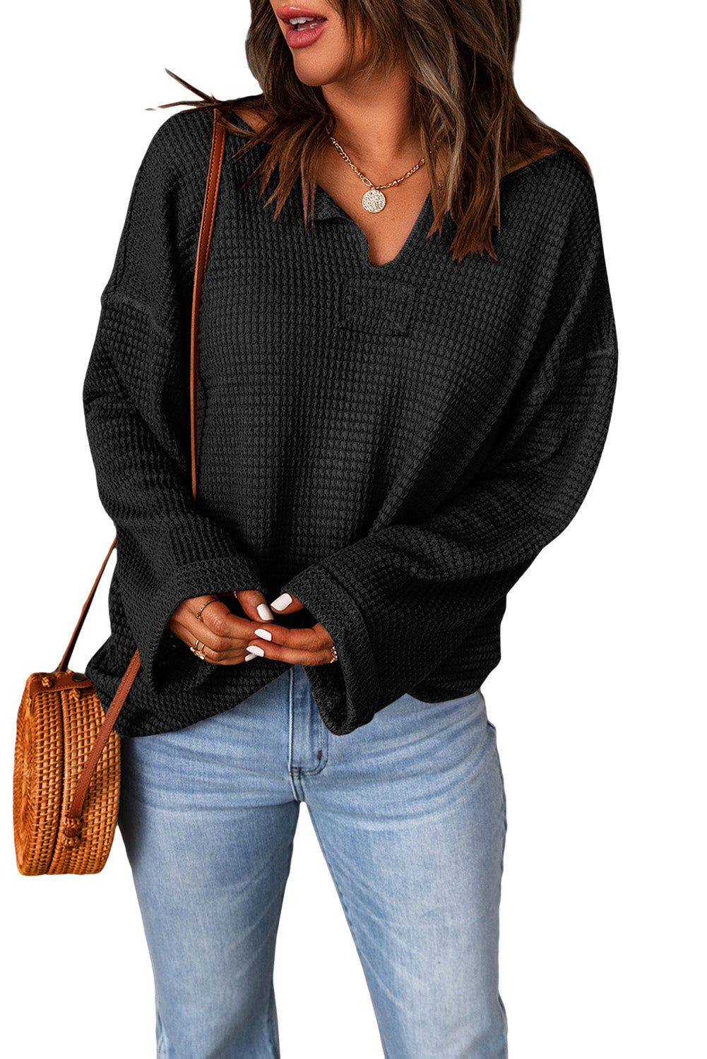 Black Waffle Knit Loose Long Sleeve Top