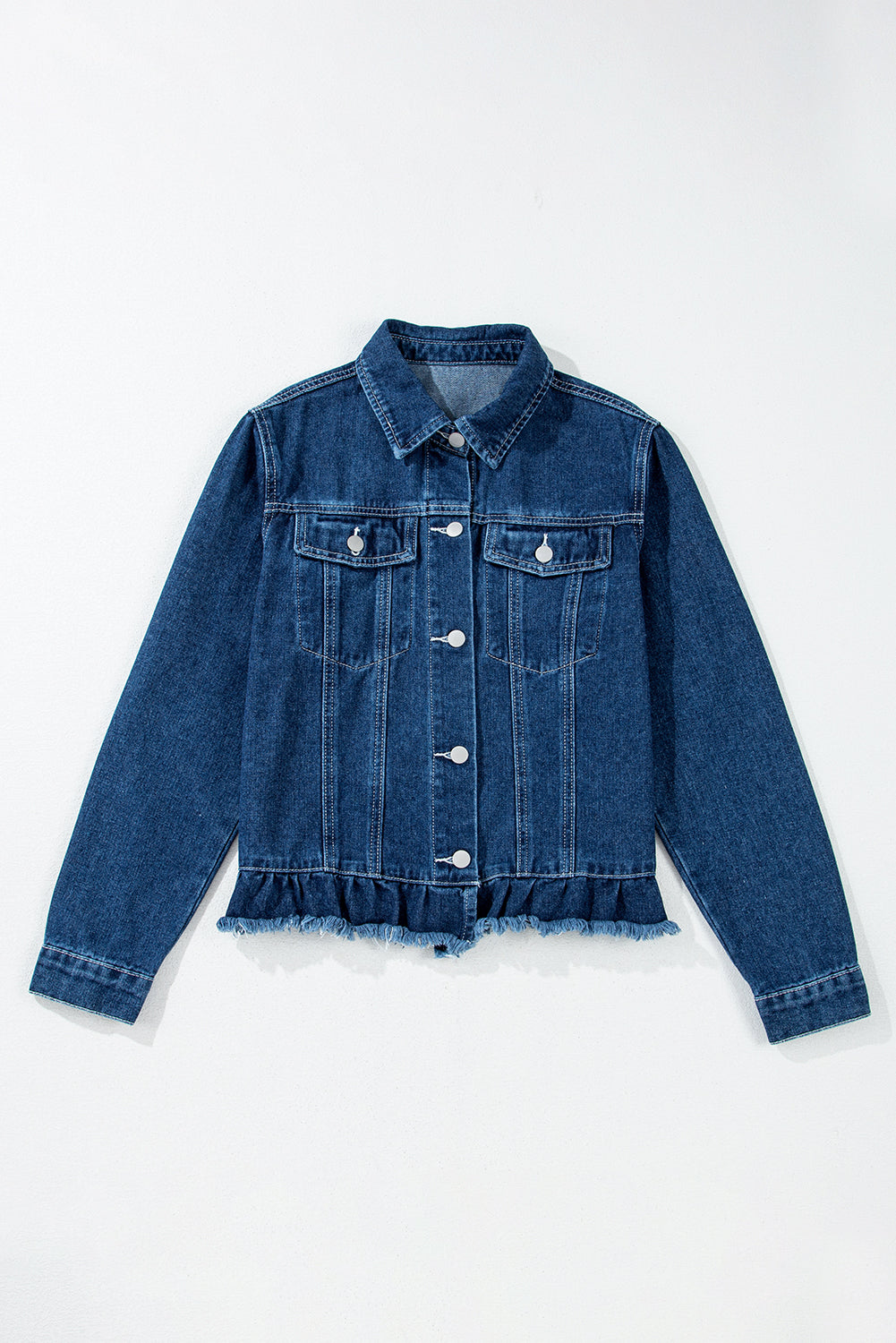 Navy Blue Ruffle Raw Hem Flap Pockets Denim Jacket