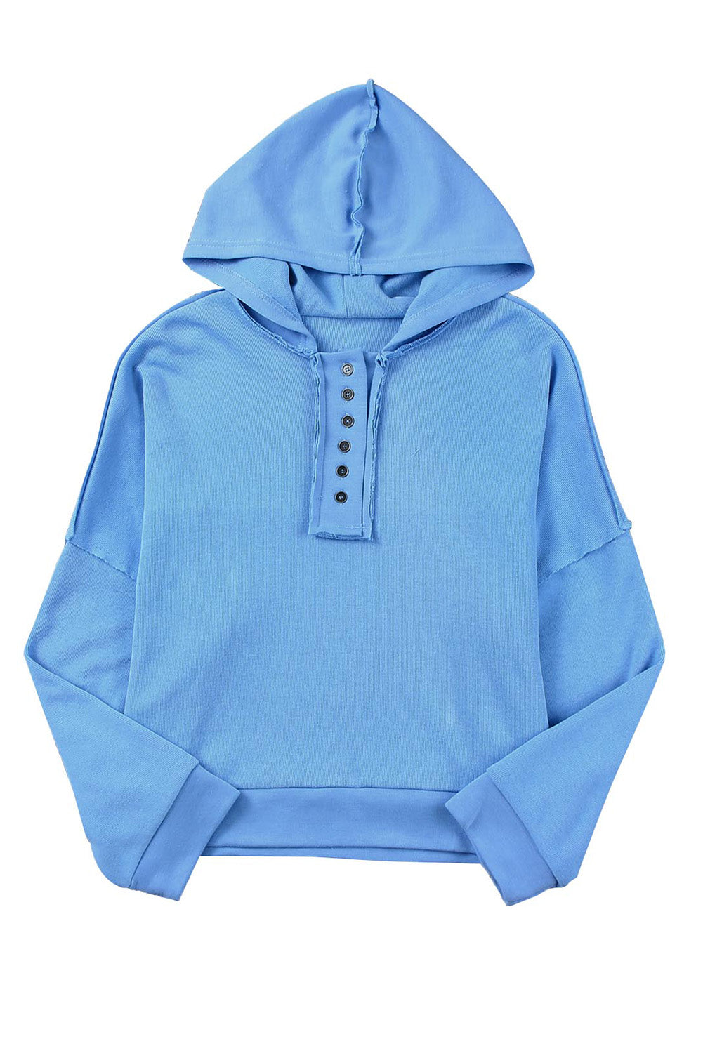 Sky Blue Casual Button Solid Patchwork Trim Hoodie