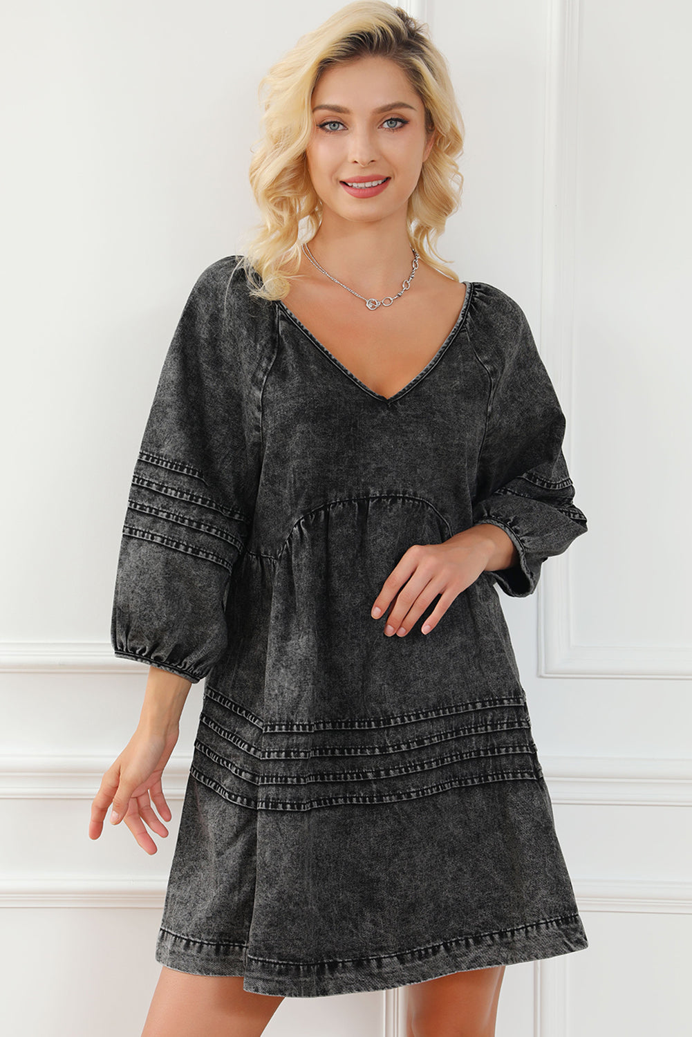 Black Pleated V Neck Puff Sleeve Denim Babydoll Dress